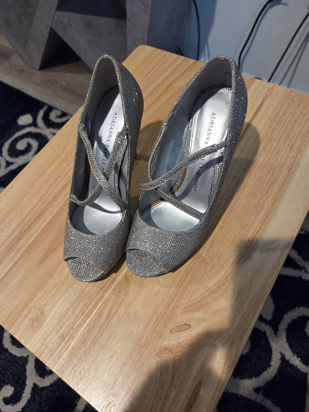 Adrianna Papell Silver Sparkle Cross-Strap Peep-Toe Heels